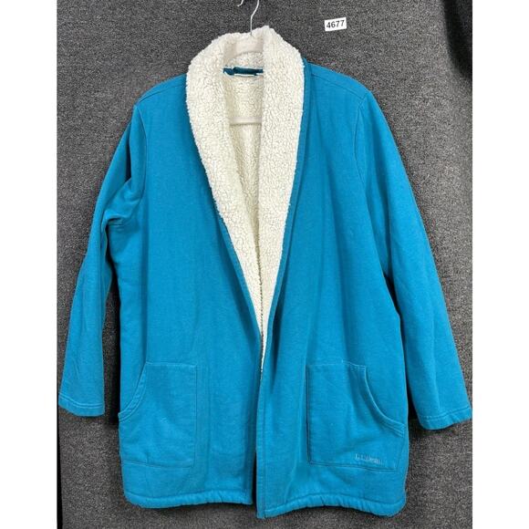 LL Bean Open Front Cardigan Sweater Sherpa Lining Womens XL Blue 513889 Winter - Picture 1 of 7